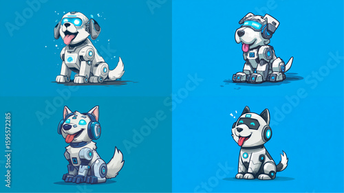 Four robot dogs are sitting, each with a unique design and a playful, cartoonish style.