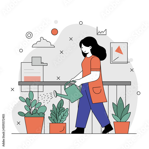 Woman watering potted plants in balcony garden with colorful background  