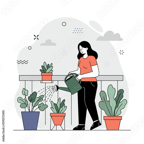 Woman watering plants on balcony in minimalist style  