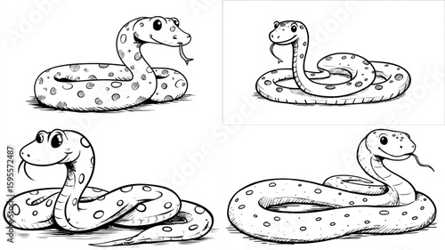 Four cute cartoon snakes with spots are coiled and ready for coloring fun, a playful reptile.