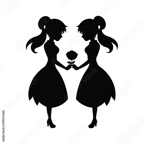 Two anime girls in matching dresses silhouette design