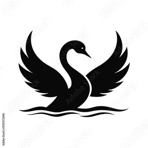 Elegant black silhouette of a flying swan above its partner