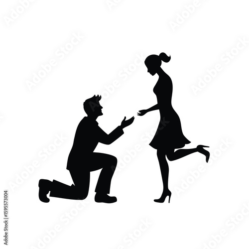 Romantic man proposing silhouette with falling rose petals illustration