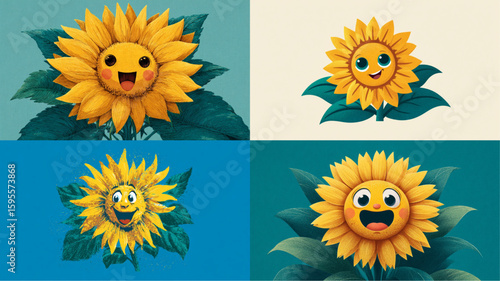 Four cheerful sunflowers with happy faces and vibrant yellow petals, colorful collage.