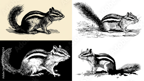 Four chipmunk illustrations showcase detailed line art, and varied monochrome.