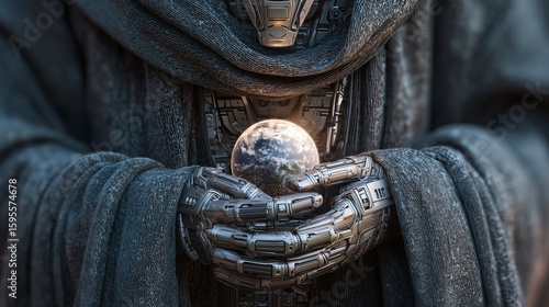Metallic AI Monk in Robes Holding Glowing Earth, Futuristic Artificial Intelligence Guardian Concept, Sci-Fi Spirituality, Sacred Technology, Planet Protection Symbolism