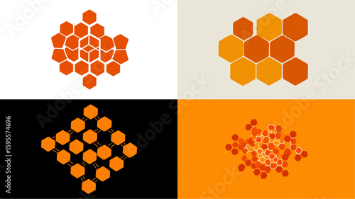 A set of four images showing an abstract honeycomb pattern in various orange hues