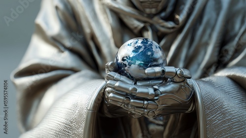 Metallic AI Monk in Robes Holding Glowing Earth, Futuristic Artificial Intelligence Guardian Concept, Sci-Fi Spirituality, Sacred Technology, Planet Protection Symbolism