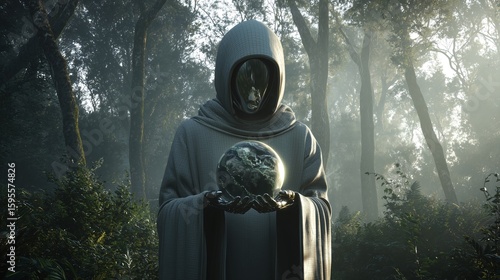 Metallic AI Monk Holding Glowing Earth in Transparent Sphere, Standing in Misty Forest at Dawn, Spiritual Artificial Intelligence, Futuristic Nature Harmony, Sci-Fi Environmental Concept