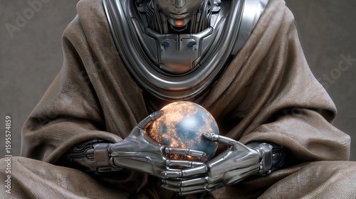 Metallic AI Monk in Robes Holding Glowing Earth, Futuristic Artificial Intelligence Guardian Concept, Sci-Fi Spirituality, Sacred Technology, Planet Protection Symbolism