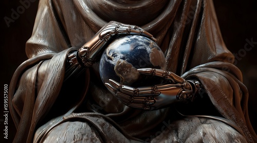Metallic AI Monk in Robes Holding Glowing Earth, Futuristic Artificial Intelligence Guardian Concept, Sci-Fi Spirituality, Sacred Technology, Planet Protection Symbolism