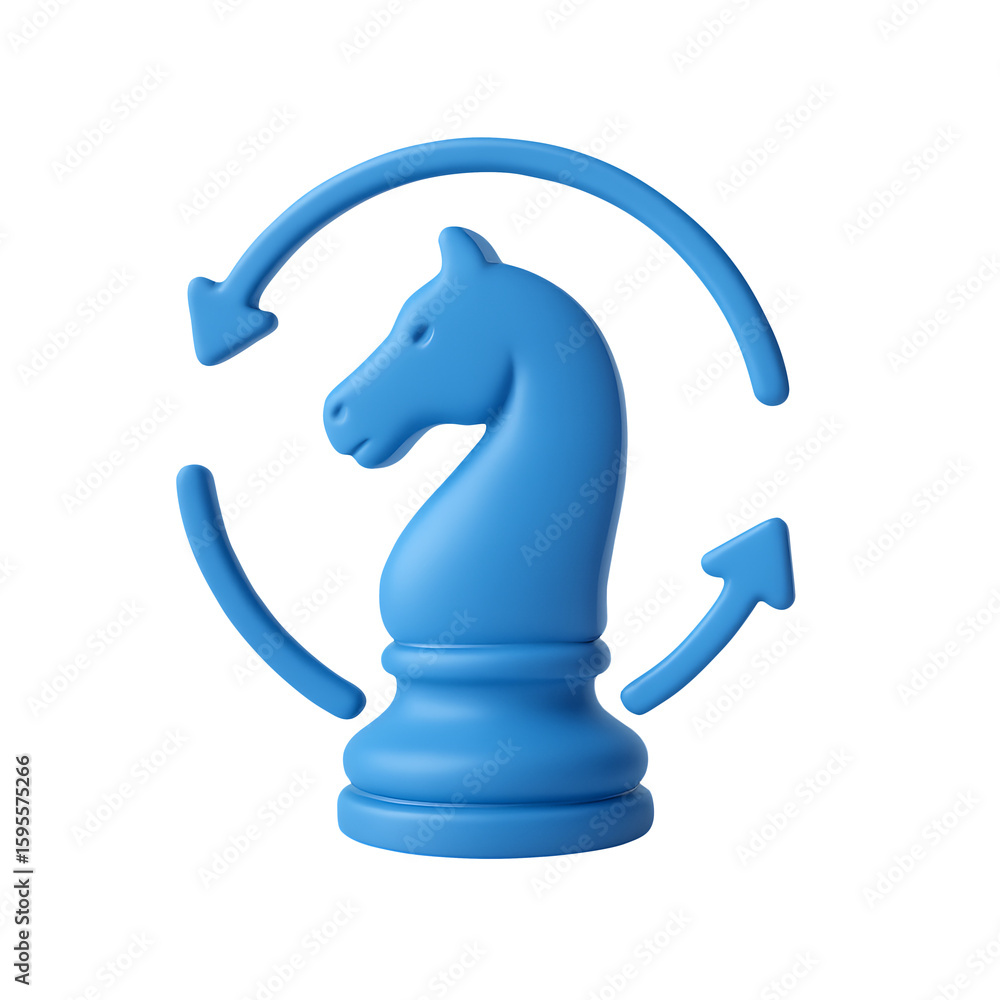 Obraz premium Blue chess knight with circular arrows isolated on transparent background