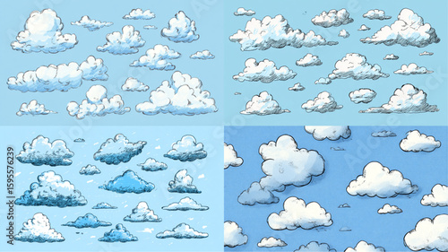 A collection of fluffy white clouds drifts serenely across a clear blue sky