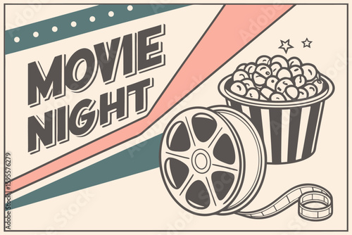 Vintage Movie Night Cinema Popcorn Film Reel.