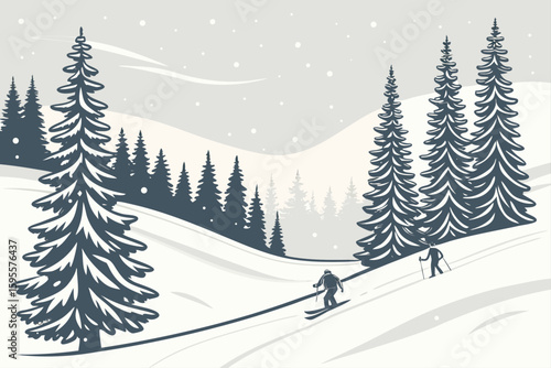 Skiing down snowy mountain slope with pine trees.