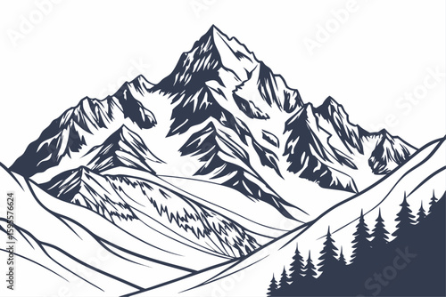 Majestic Mountain Range with Pine Trees Silhouette.