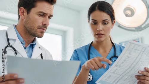 Medical professionals analyzing patient chart data during important healthcare consultation in hospital setting