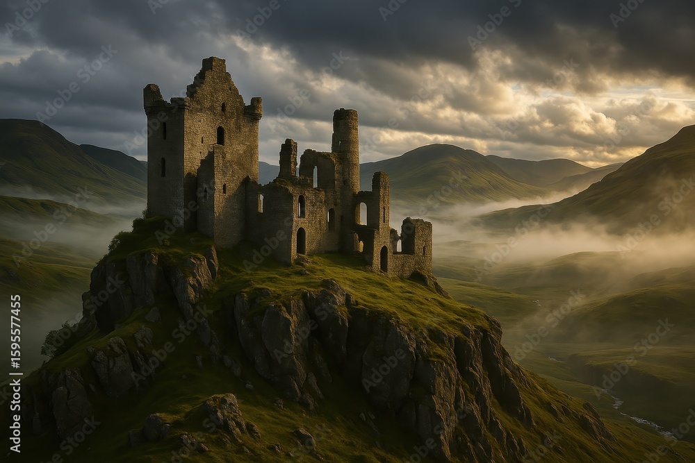 Fototapeta premium Dramatic Highland castle ruins perched on cliff edge overlooking misty Scottish landscape with ancient history