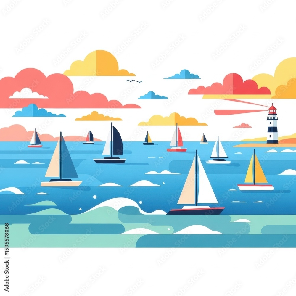 Naklejka premium Sailing regatta at sunset, numerous sailboats on the ocean, lighthouse visible.