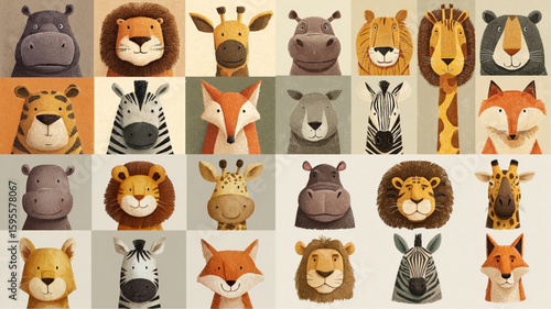 A whimsical collection of cartoon animal portraits brings joy and playfulness