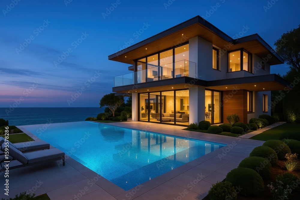 Obraz premium Elegant Mediterranean estate with infinity pool overlooking ocean during magical twilight hour