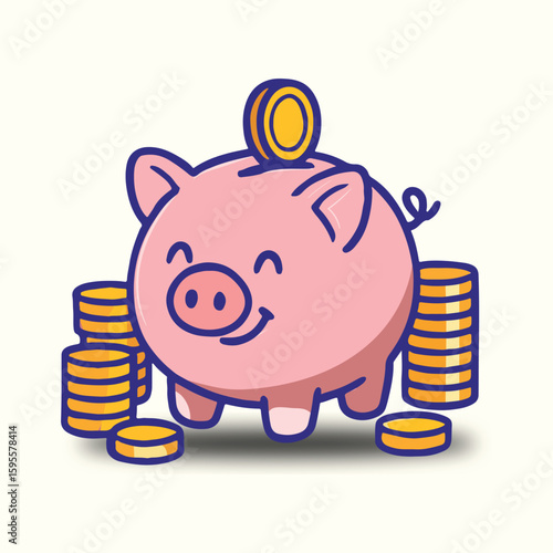  A pig with gold coins money cartoon icon

