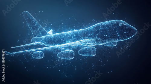 Futuristic Airplane Digital Wireframe of a Jet Plane in Flight