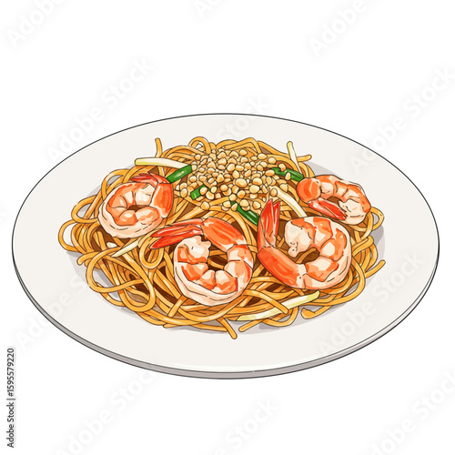 Authentic Thai Pad Thai Noodles with Large Shrimp and Peanuts on a White Plate Illustration