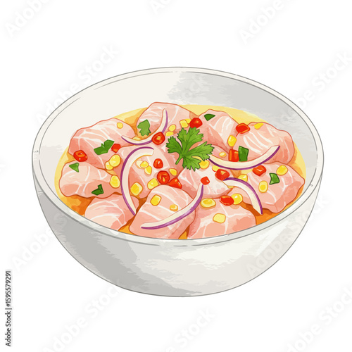 Delicious Peruvian Ceviche Dish Fresh Seafood Salad with Lime Chili and Cilantro Illustration