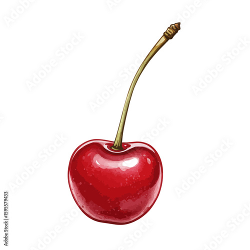 Vibrant Red Cherry with Green Stem Fresh Sweet Fruit Isolated on White Background