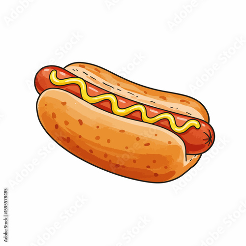 Classic Hot Dog with Yellow Mustard in a Bun Delicious Fast Food Cartoon Illustration