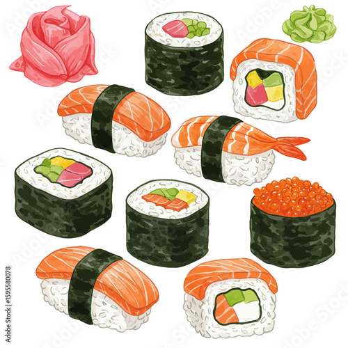 Delicious Japanese Sushi Rolls Collection Set Nigiri Maki Salmon Tuna Food Illustration