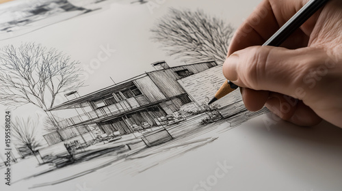 Modernes Einfamilienhaus als architektonische Bleistiftzeichnung. Künstliche Intelligenz KI