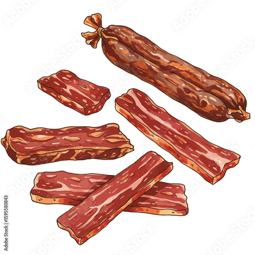 Fresh raw meat cuts and cured sausage illustration set for food concepts