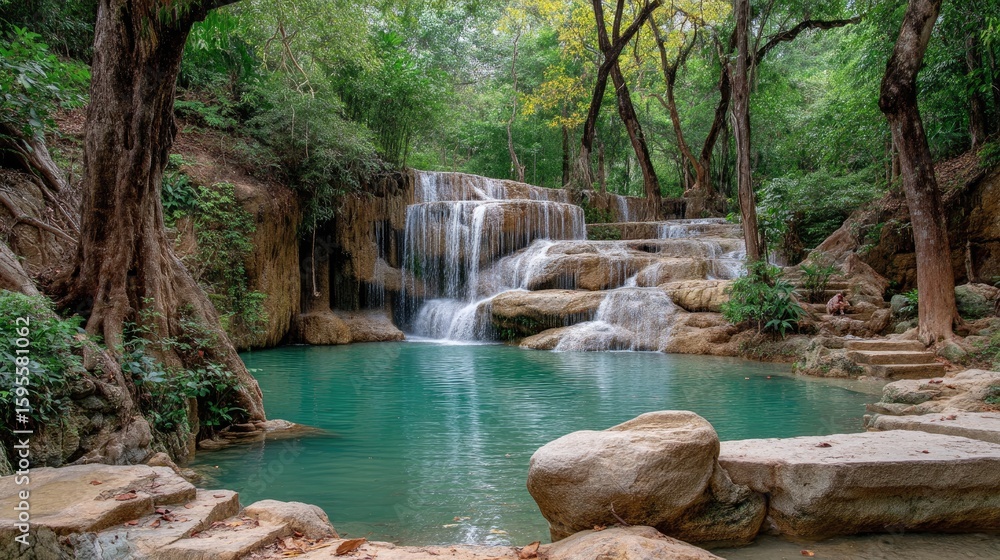 Naklejka premium Cascading waterfall in a lush tropical forest.