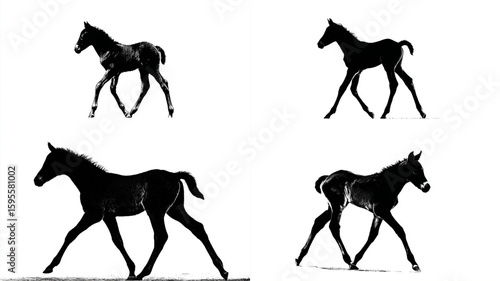 Black and white horse foals running illustration equine art print animal silhouette minimalist design art
