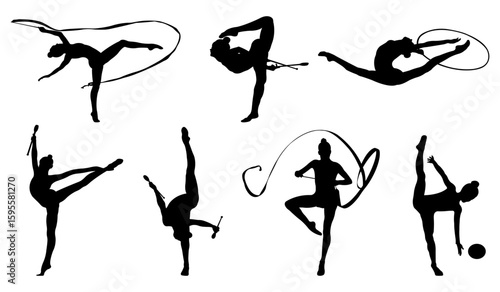 Silhouette of a girl gymnast. Silhouettes of gymnastic poses. Set of vector icons with a silhouette of a gymnast. Rhythmic gymnastics. Vector illustration.