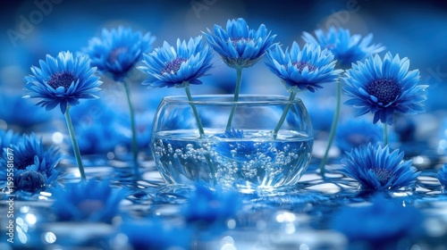 Wallpaper Mural Blue Flowers in Glass Bowl, Water Reflection Serenity Torontodigital.ca