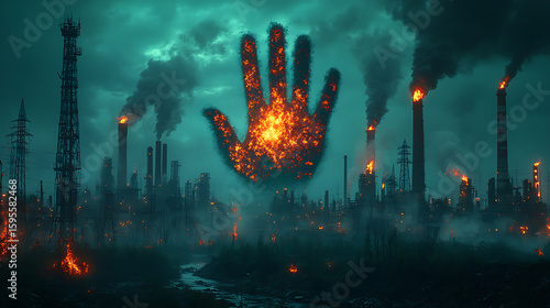 Burning Hand of Environmental Catastrophe Over Industrial Wasteland