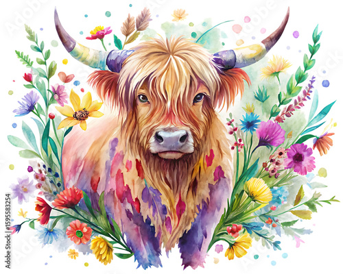 Vibrant highland cow portrait surrounded by a colorful watercolor floral arrangement isolated on transparent background