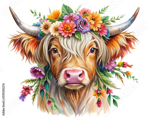 Adorable highland cow portrait adorned with a vibrant floral crown and bouquet on transparent background isolated on transparent background