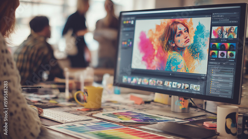 A woman working on an Oshkosh S4 with two monitors, editing colorful images in Adobe Photoshop,