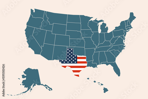 Texas state in USA map filled with American flag, vector geography outline of United States