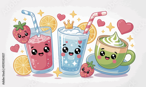 Three cute cartoon drinks with smiling faces, including strawberry juice, a blue smoothie with a crown, and a green matcha latte, surrounded by hearts and stars.