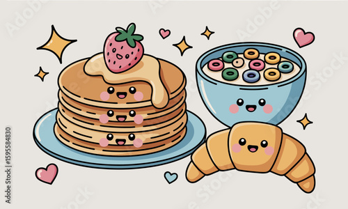 Adorable cartoon breakfast scene featuring pancakes, cereal, and a croissant, all with happy faces.