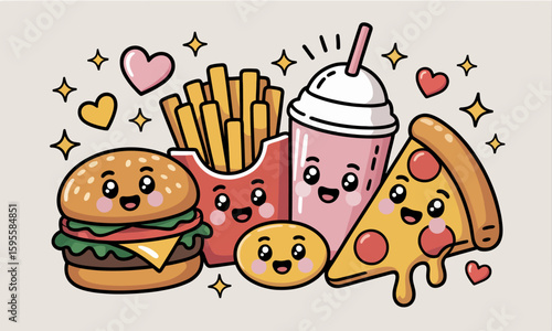 Cute cartoon illustration of fast food items including a burger, fries, drink, pizza slice, and nugget, all with smiling faces and hearts.