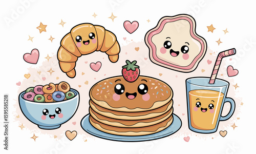 Cute cartoon breakfast illustration featuring pancakes, cereal, croissant, cookie, and orange juice with kawaii faces and hearts.