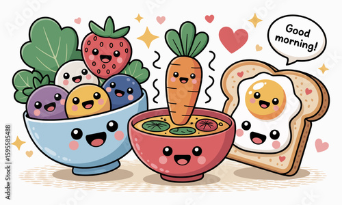A cheerful illustration of a breakfast spread featuring smiling fruits, vegetables, and a fried egg with a "Good morning!" greeting.