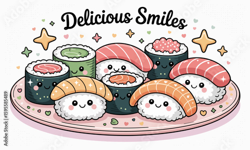 Cute cartoon sushi pieces with smiling faces arranged on a pink plate, surrounded by stars and the text "Delicious Smiles".