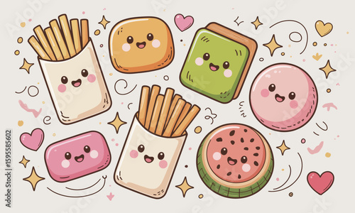 Adorable cartoon food items with smiling faces, hearts, and sparkling stars, arranged playfully.
